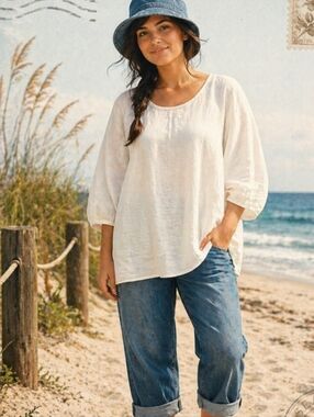 bryn Walker Cloud Dancer  Linen Lagenlook Hi Low Puff Sleeves Tunic Top Sz M